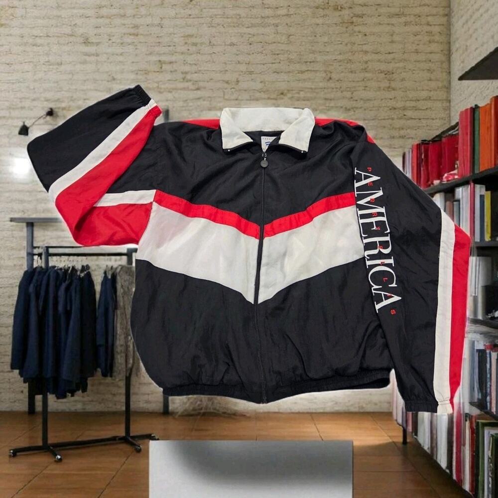 Vtg Perry Ellis America Windbreaker Jacket Black Red Embroidered Large *READ*